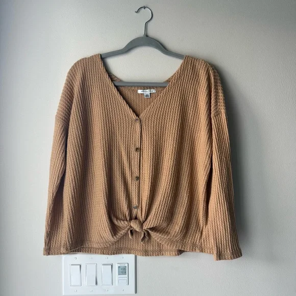 American Eagle Waffle Knit Long Sleeve Button-Up Top - Picture 2 of 5